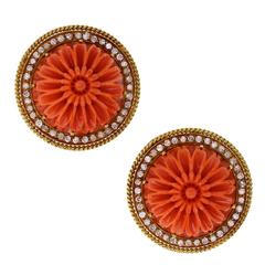 1970s French Gold Coral Diamond Flower Ear Clips 12