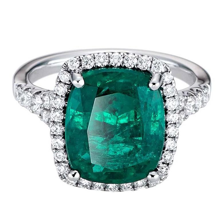 Cushion Shaped Emerald Diamond Gold Ring at 1stDibs