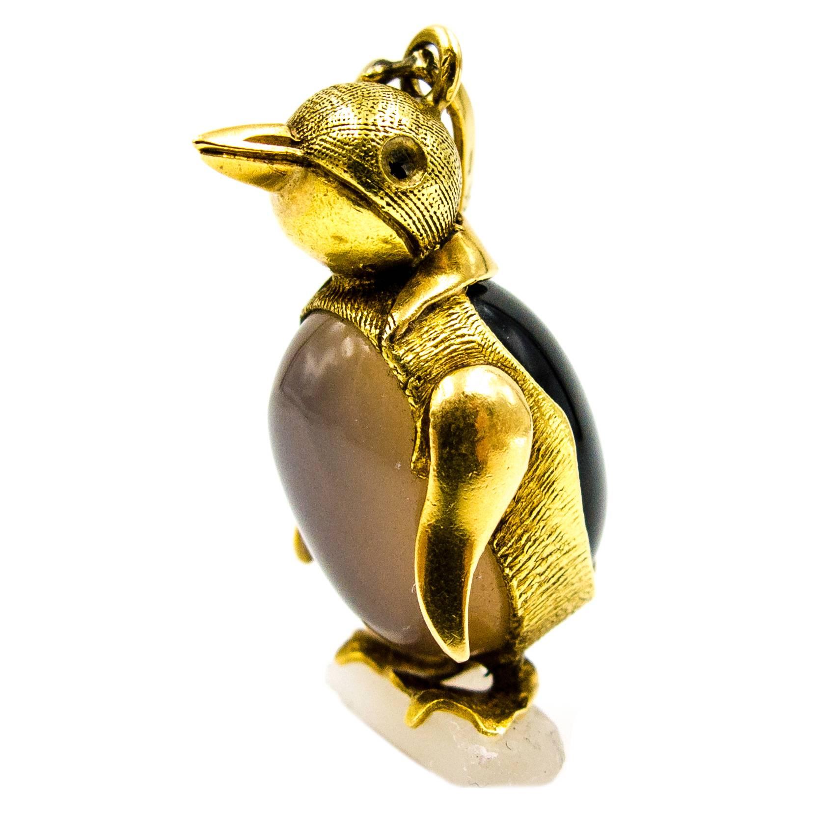 Adorable Agate Onyx Gold Marching Penguin Pendant