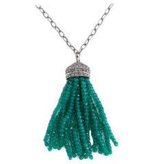 Beautiful Emerald Diamond Silver Tassel Necklace
