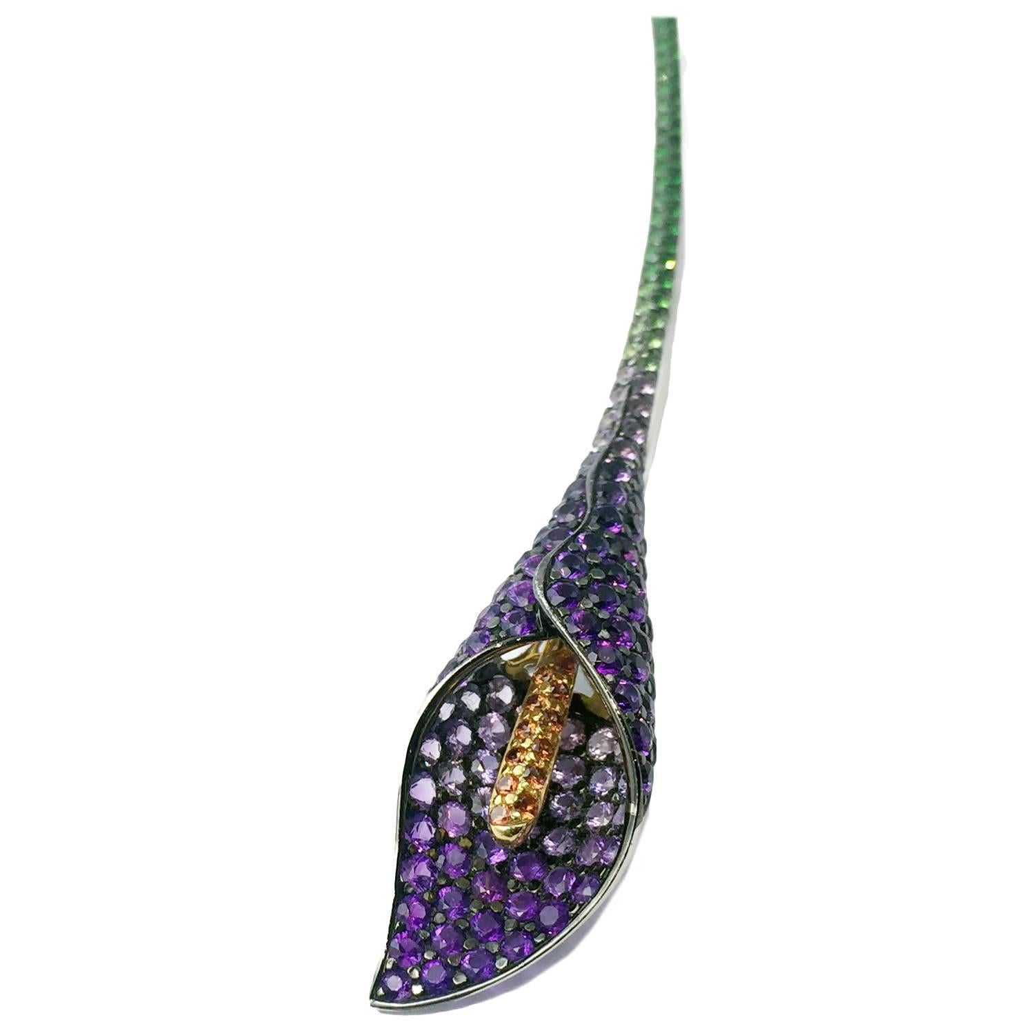 Tsavorite Multicolored Sapphires Gold Flower Brooch