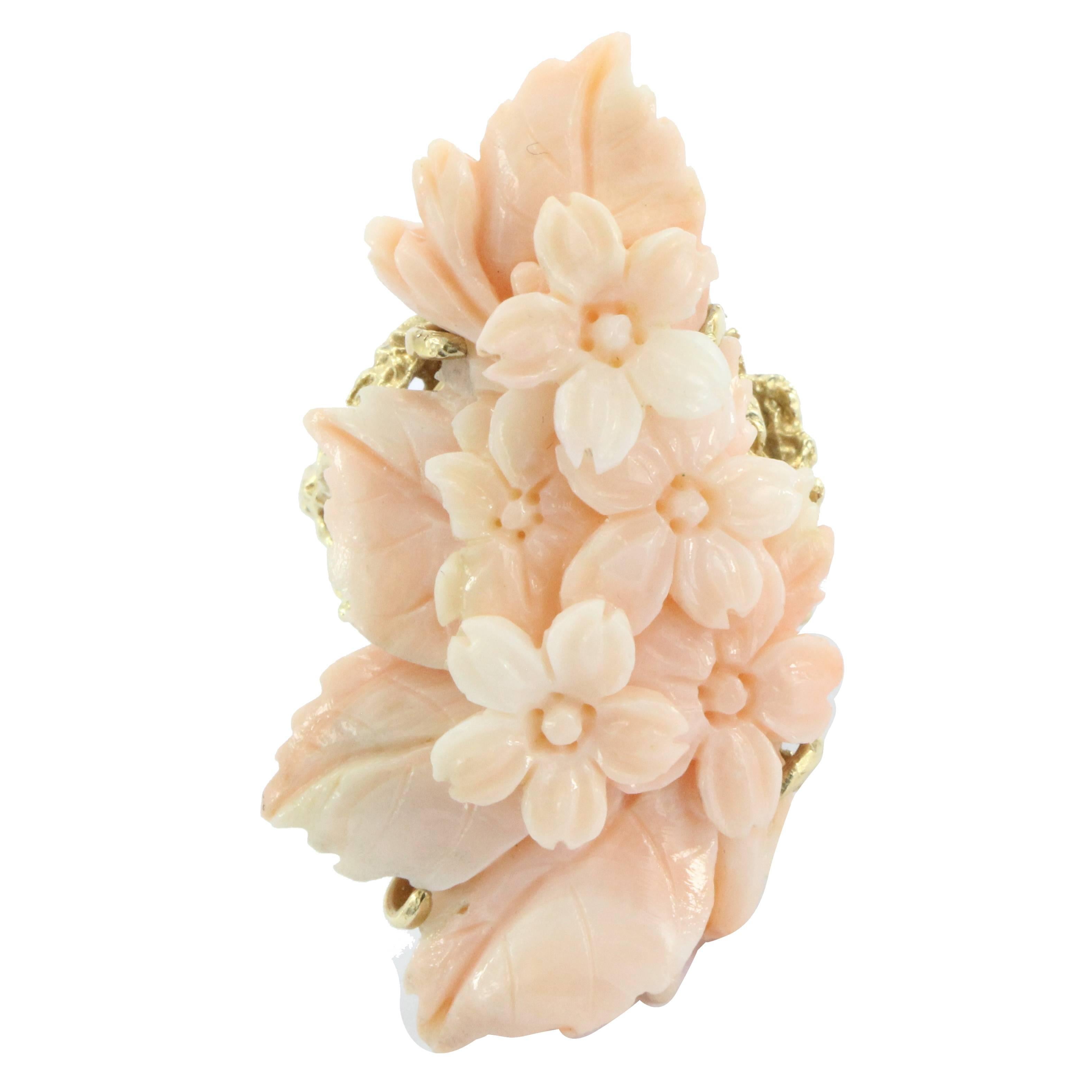 Carved  Angel Skin Coral Cherry Blossom Gold Ring