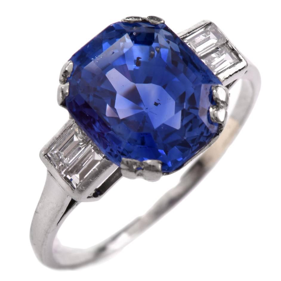 Art Deco French Natural Ceylon Sapphire Diamond Platinum Ring