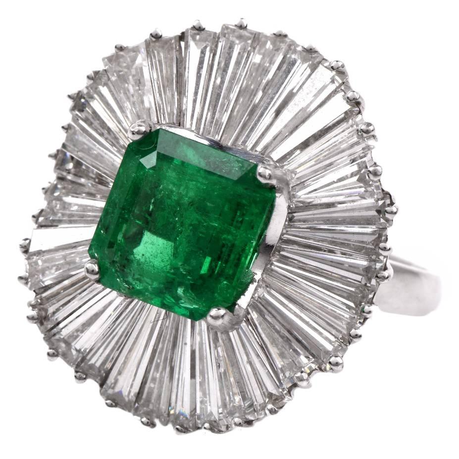 1960s Colombian Emerald Diamond Platinum Ballerina Ring