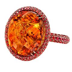 Mandarin Orange Citrine and Orange Sapphires Gold Ring  
