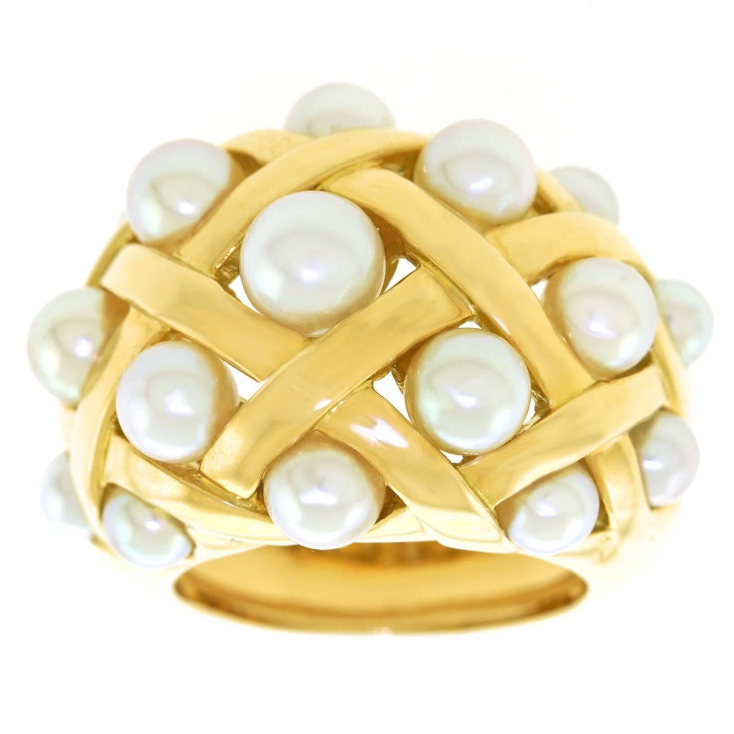 Chanel “Matelasse” Pearl Set Gold Ring