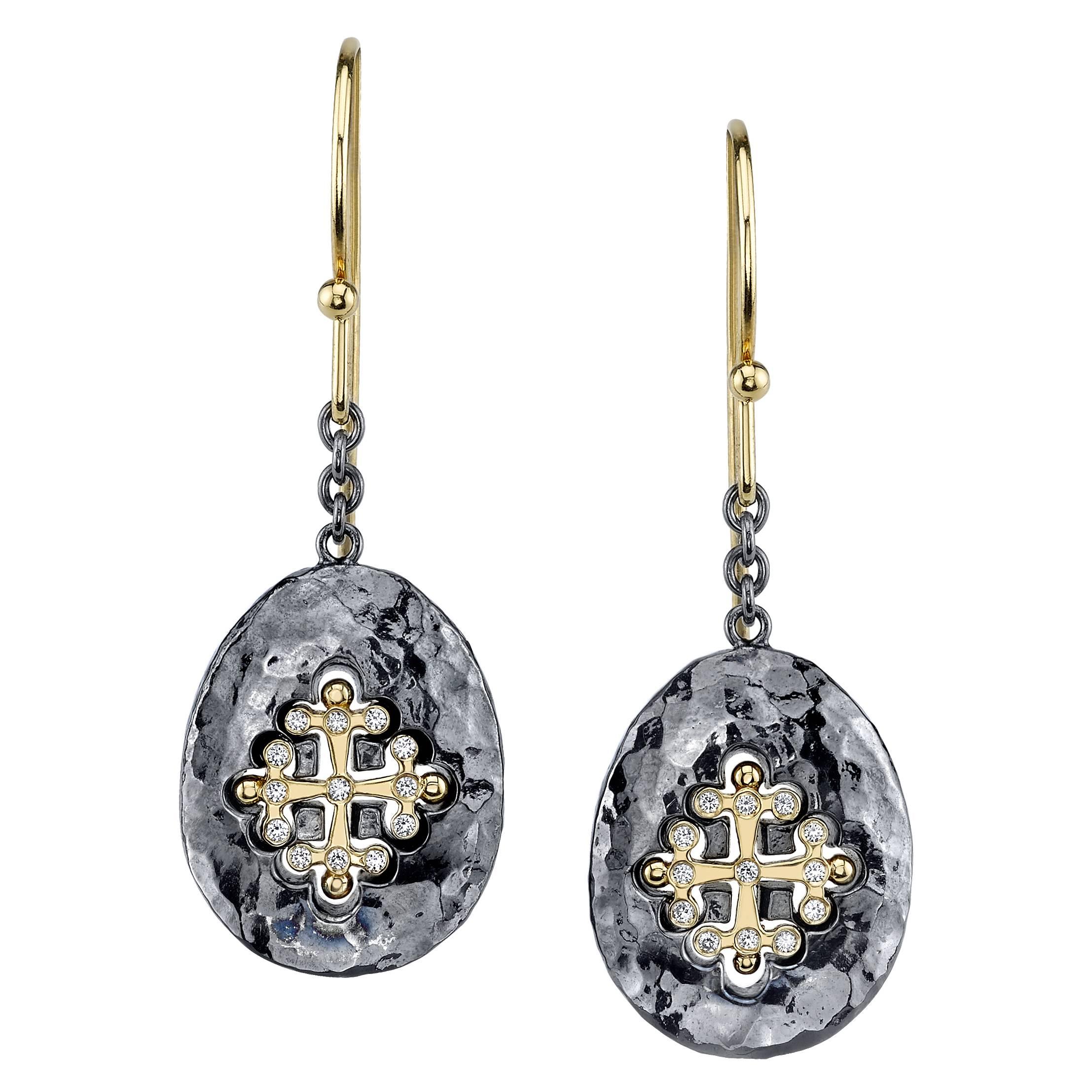 Diamond Silver Patina Gold Earrings  For Sale