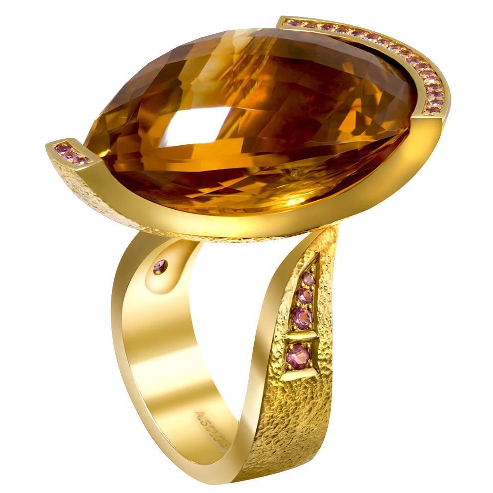 Alex Soldier 40 ct Citrine Pink Sapphire Yellow Gold Textured Ring One of a kind