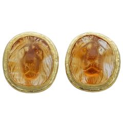 Vintage Hand-Carved Citrine Lion’s Head Cufflinks