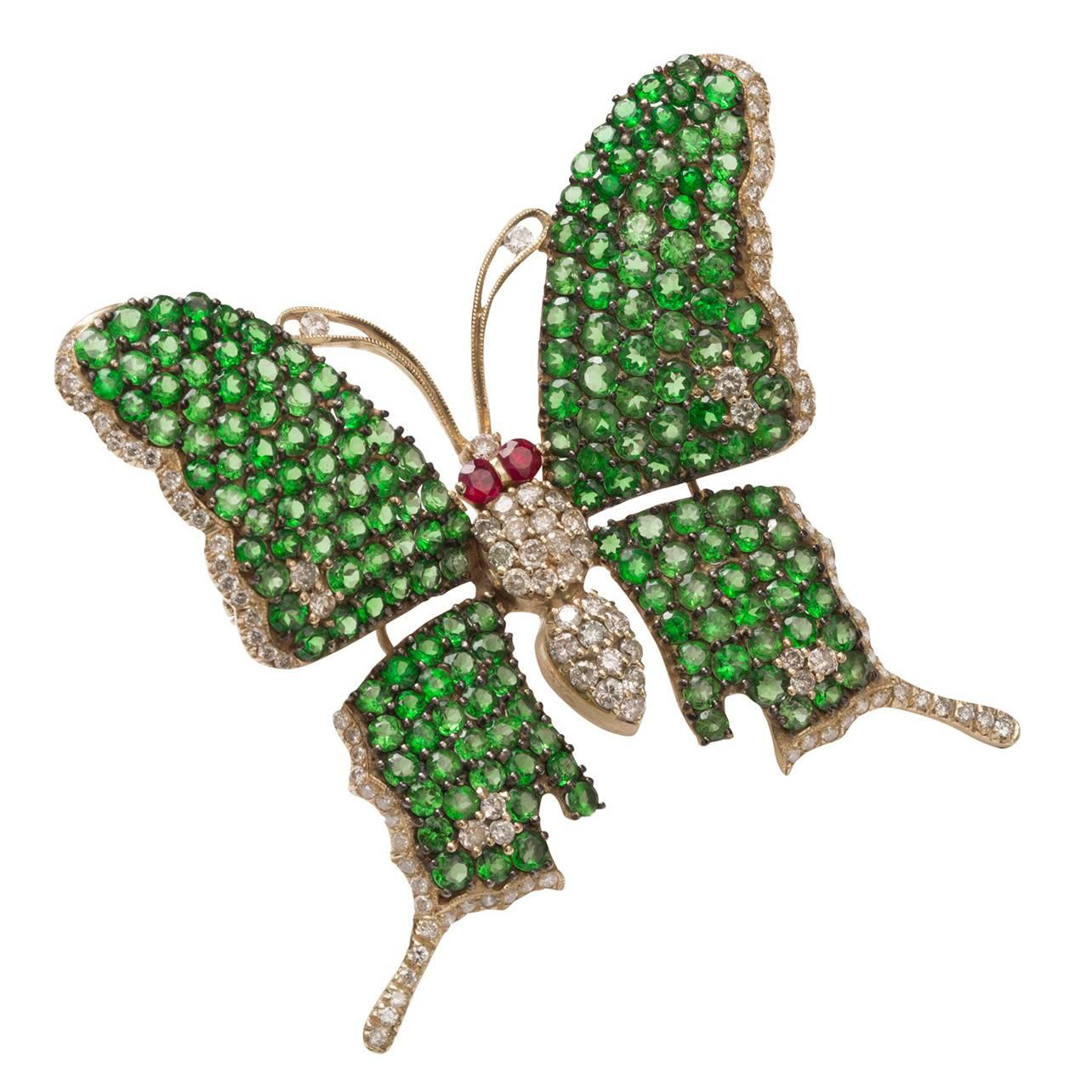 Tsavorite Garnet Diamond Gold Butterfly Brooch For Sale