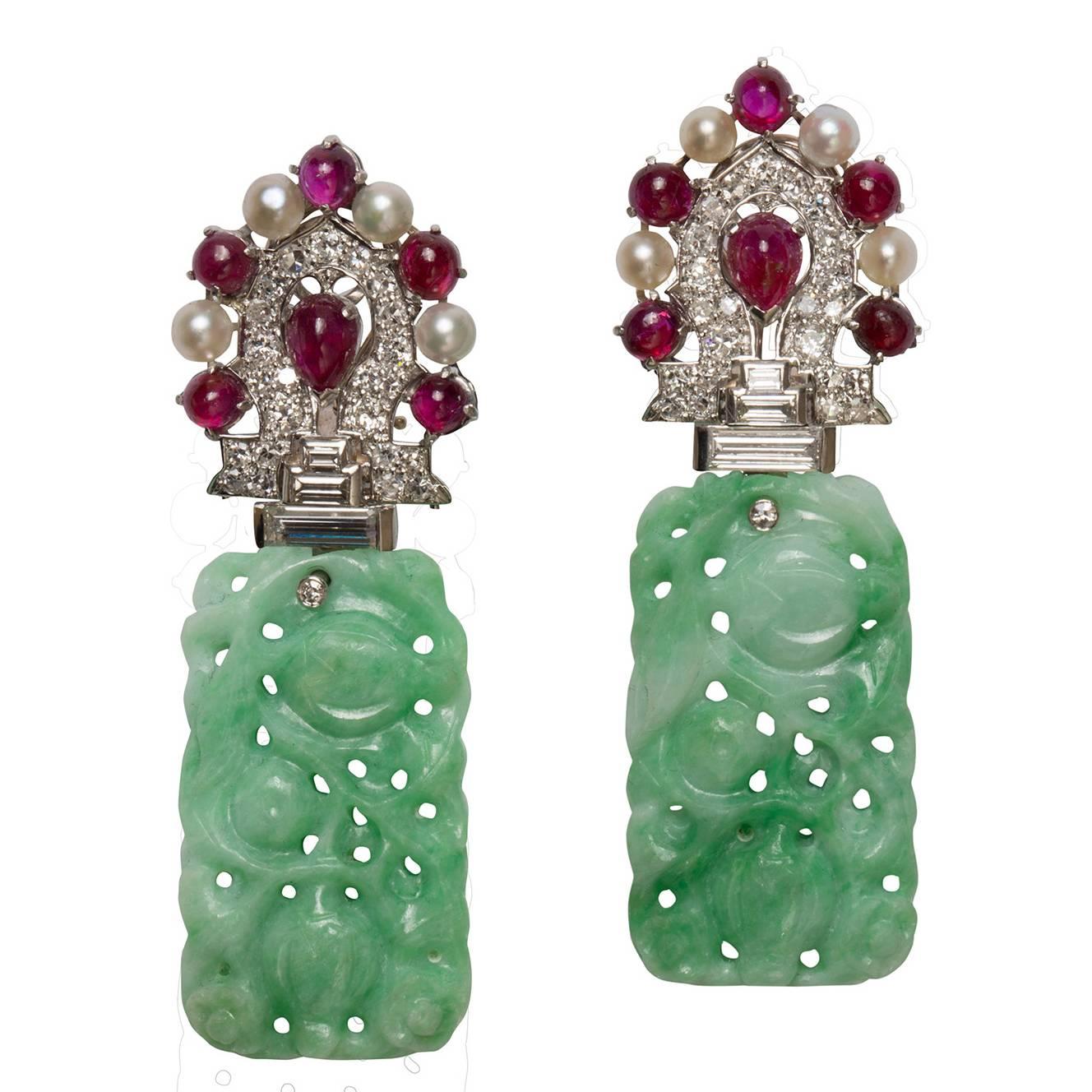 Art Deco Jade Pearl Ruby Diamond Platinum Earrings