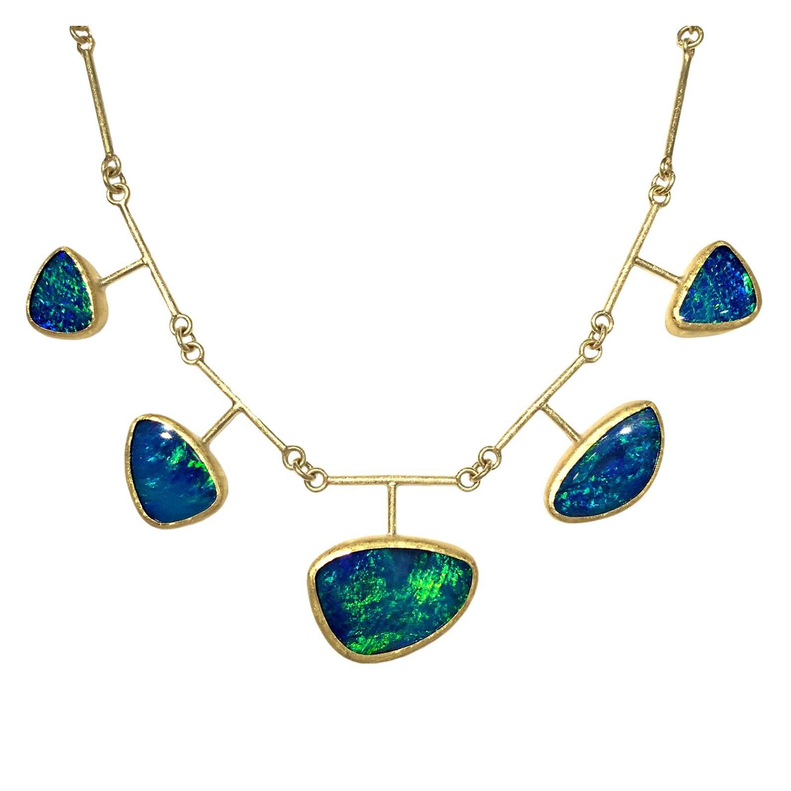 Petra Class Green Flash Blue Opal Five Element Handmade Link Gold Necklace