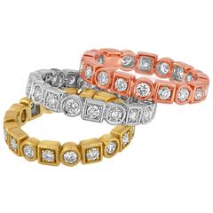 2.80 Carats Set Of 3 Stackable Tricolor Diamond Gold Eternity Band Rings