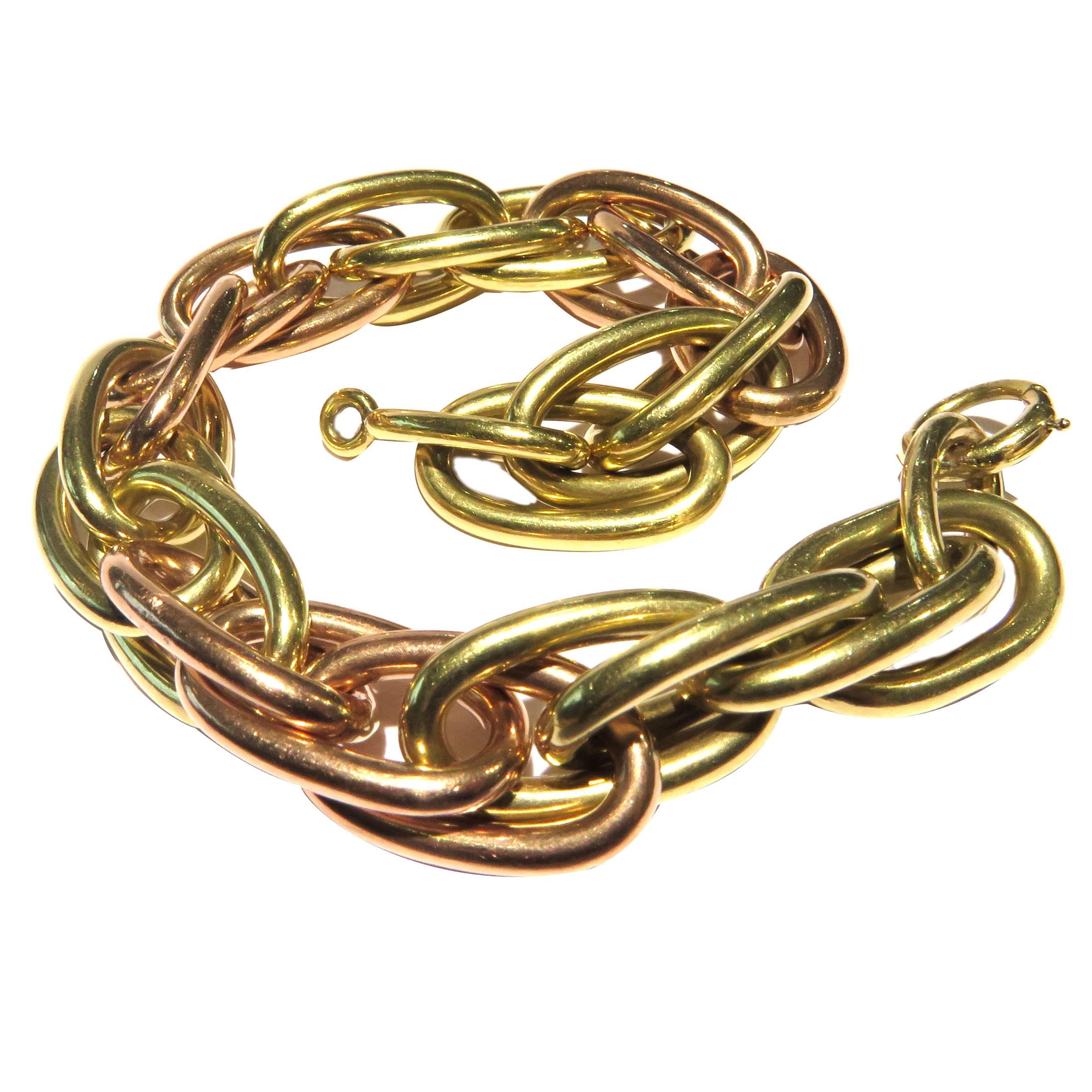 1940s Bold Dramatic Two Color Gold Large Oval Link Bracelet