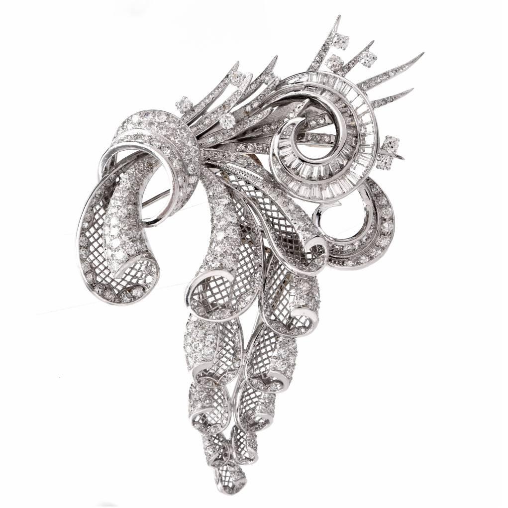 French Triple Clip Diamond Platinum Floral Bouquet Brooches Pins