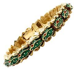 Signed Hidalgo Extraordinary 18kt Yellow Gold Green Enamel Gold Frog Bracelet 