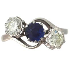 0.70Ct Sapphire & 0.75Ct Diamond, 18k Yellow Gold Trilogy Ring - Vintage 8