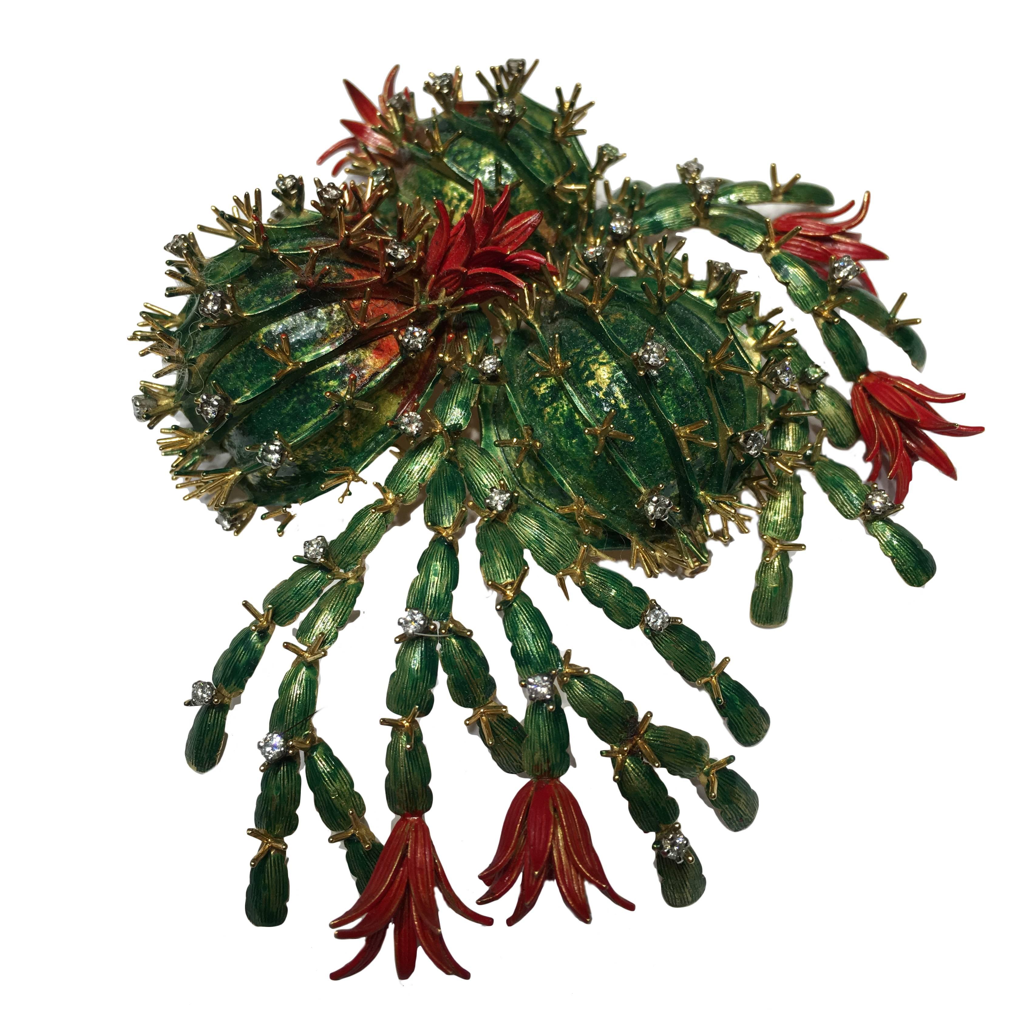 Christmas Cactus  Enamel Diamond Gold Articulated Brooch For Sale