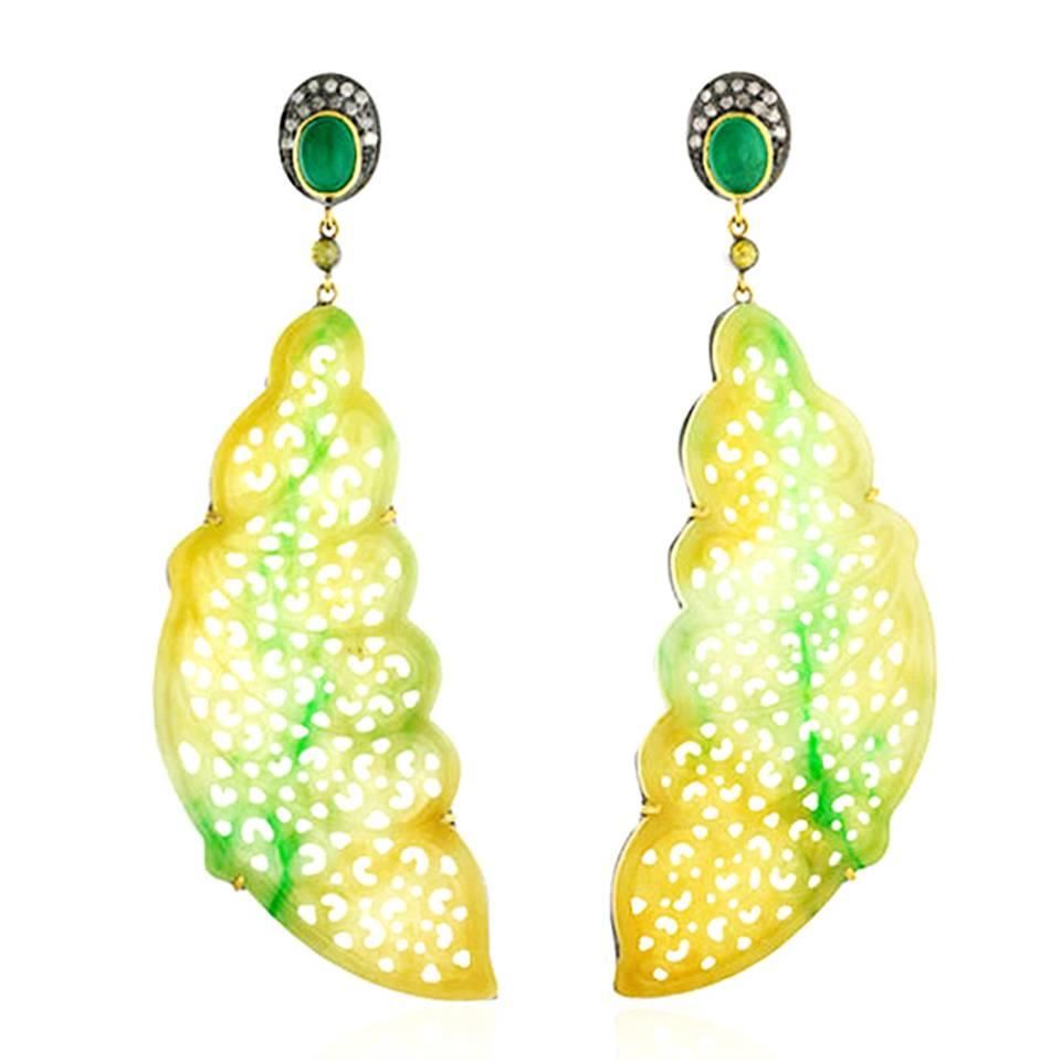 Jade Emerald Diamond Gold Feather Shape Earrings For Sale