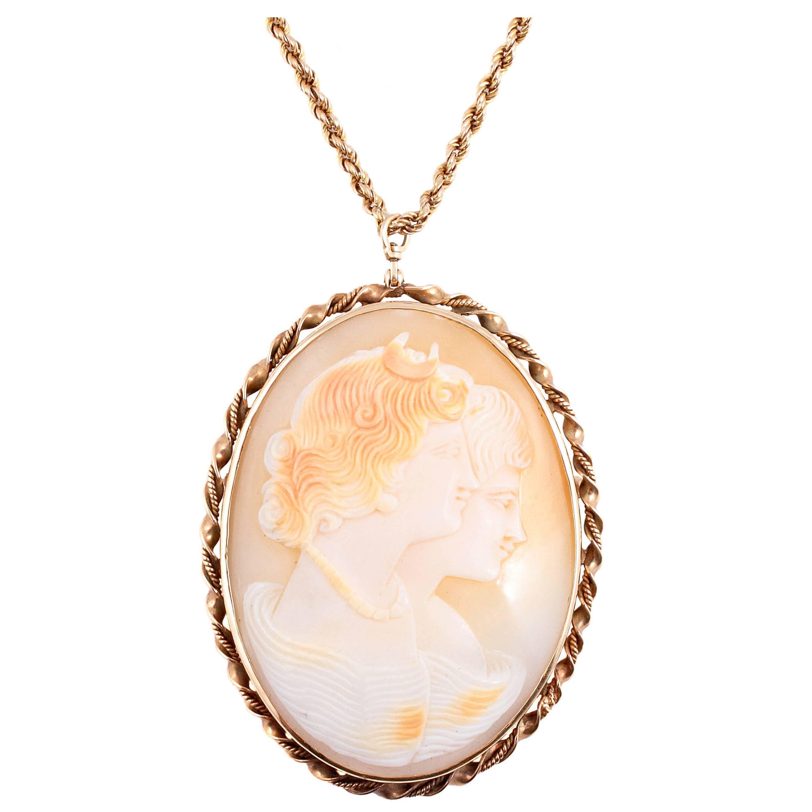 Gold Shell Cameo Pin Pendant on Chain