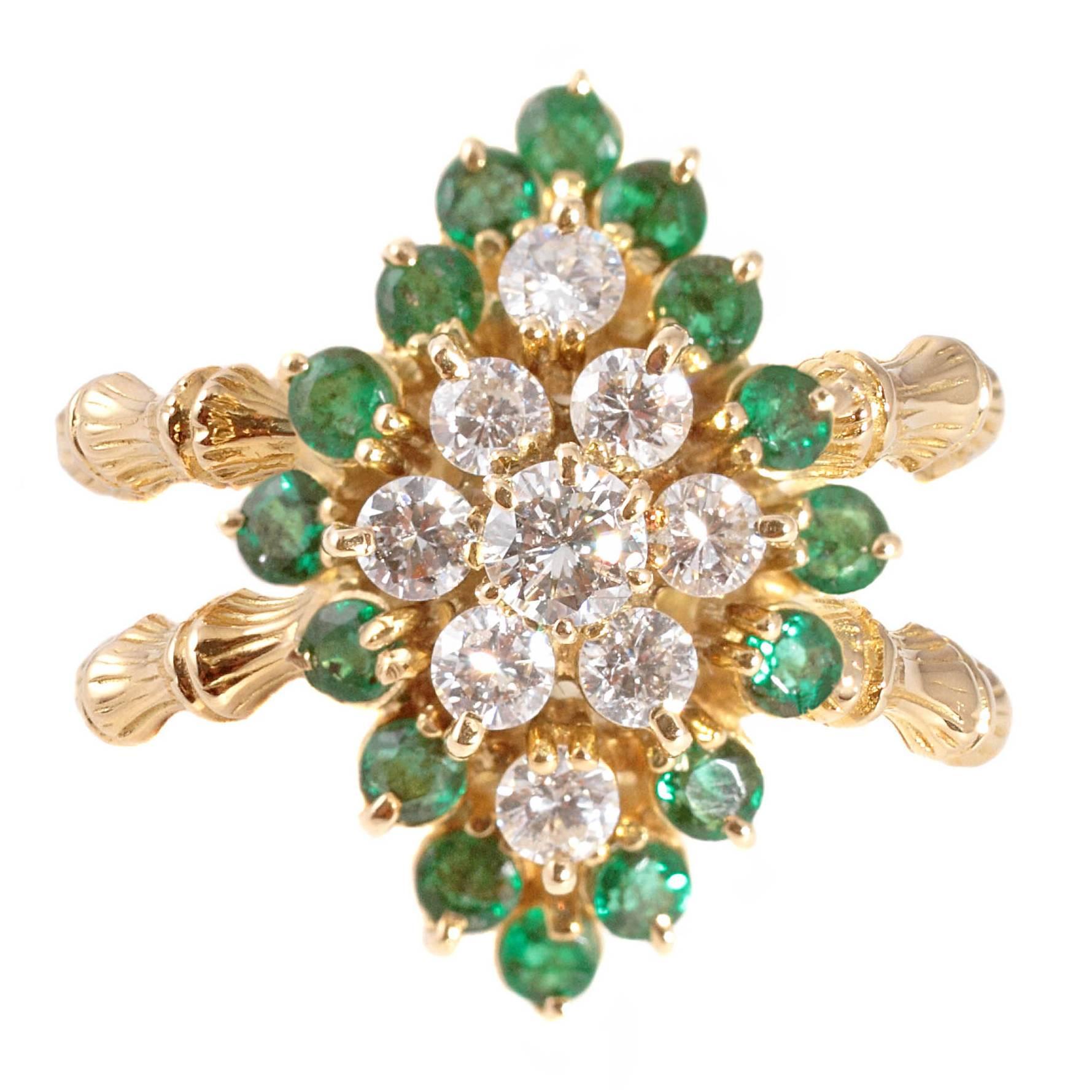 Emerald Diamond Gold Bamboo Style Ring