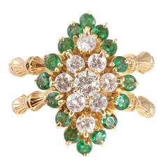 Vintage Emerald Diamond Gold Bamboo Style Ring