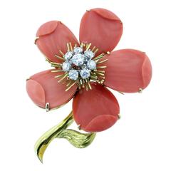 Lovely Carved Coral Diamond Gold Dogwood Flower Brooch