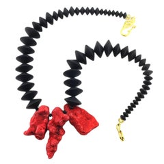 AJD One-of-a-Kind Natural Red Coral Chunks and Flat Black Onyx Necklace