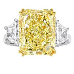 GIA Certificated 9.37 Carat Radiant Cut Fancy Yellow SI1 Three Stone Rings