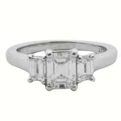 Classic 1 Carat Emerald Cut Diamond 3 Stone Platinum Ring