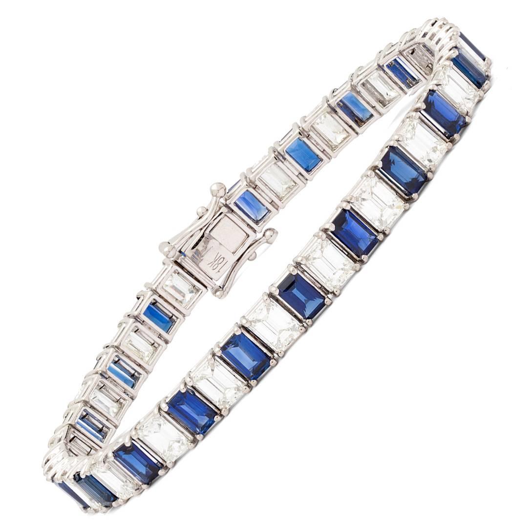 Blue Sapphire Emerald Cut Diamond Gold Bracelet