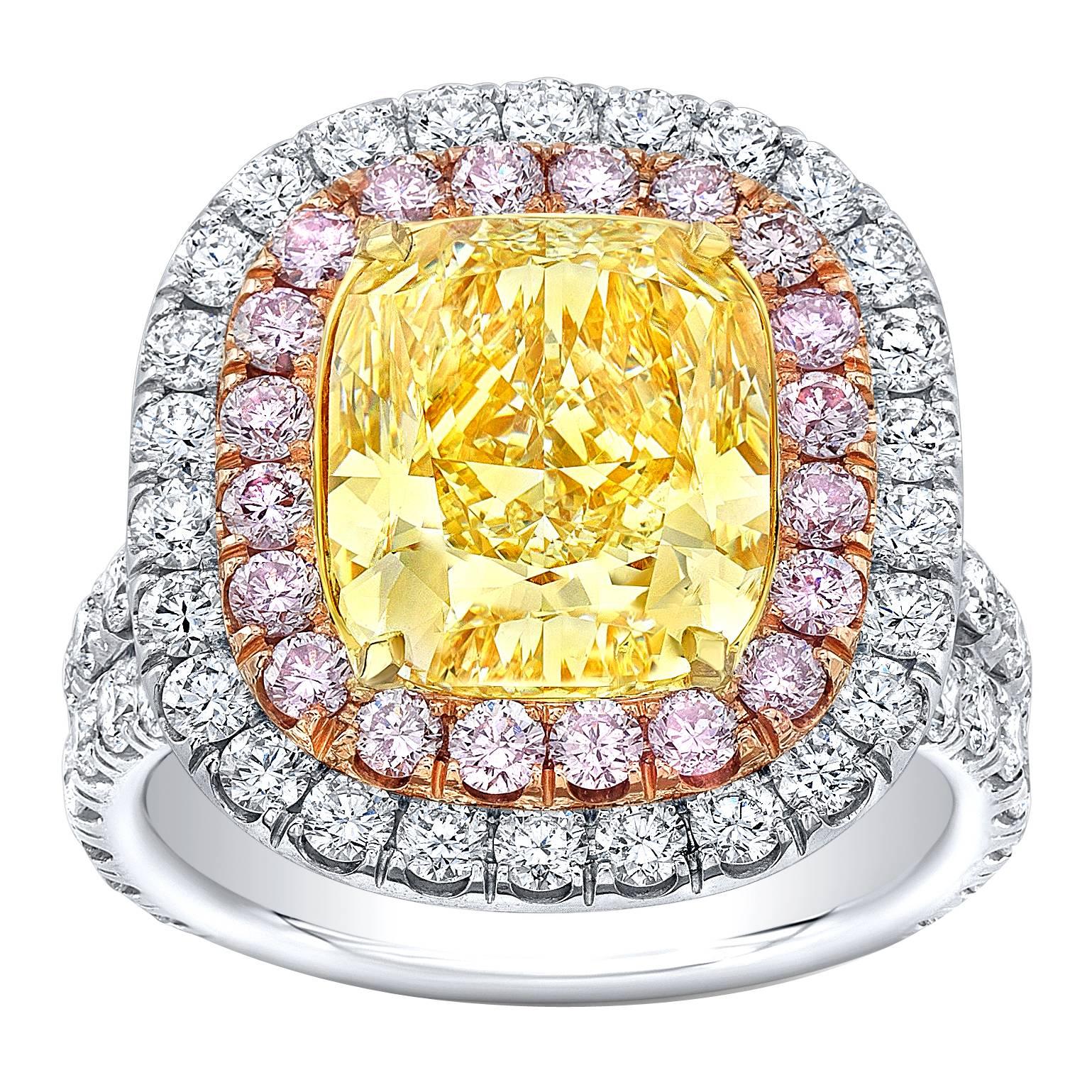 Tamir GIA Certified 4.55 Carat Fancy Light Yellow Diamond Two Color Gold Ring