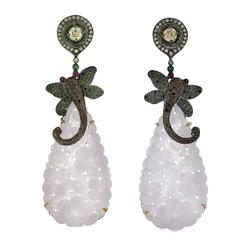 Lavender Jade Emerald Ruby DiamonGold Dragonfly Earrings