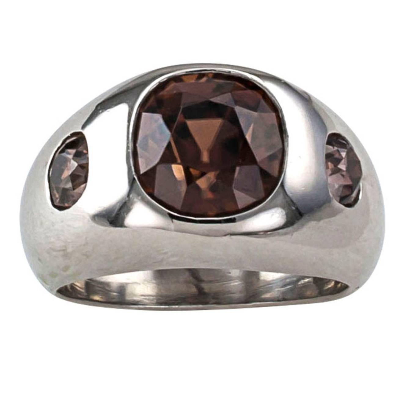 Pink Brown Natural Zircon and Brown Diamond Three-Stone Ring
