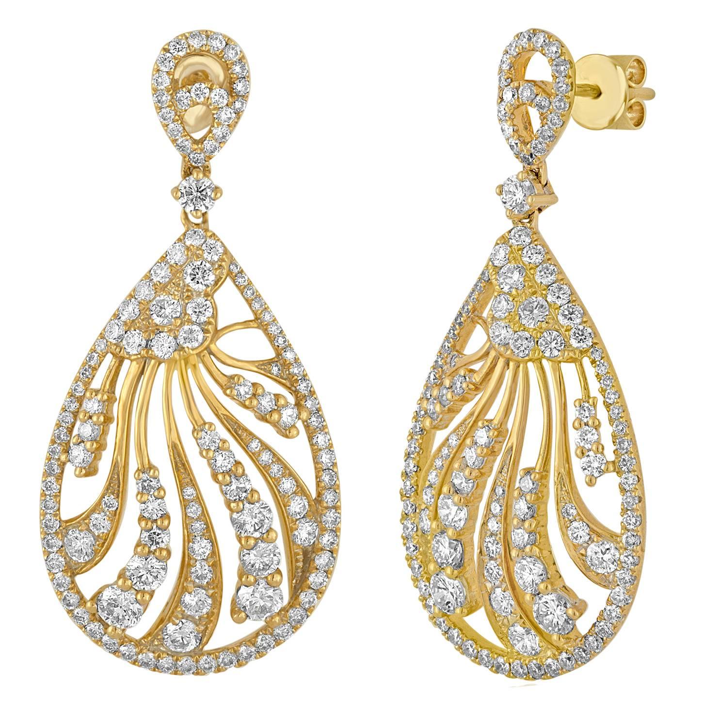 3.52 Carats Diamond Tear Drop Dangle Gold Earrings For Sale