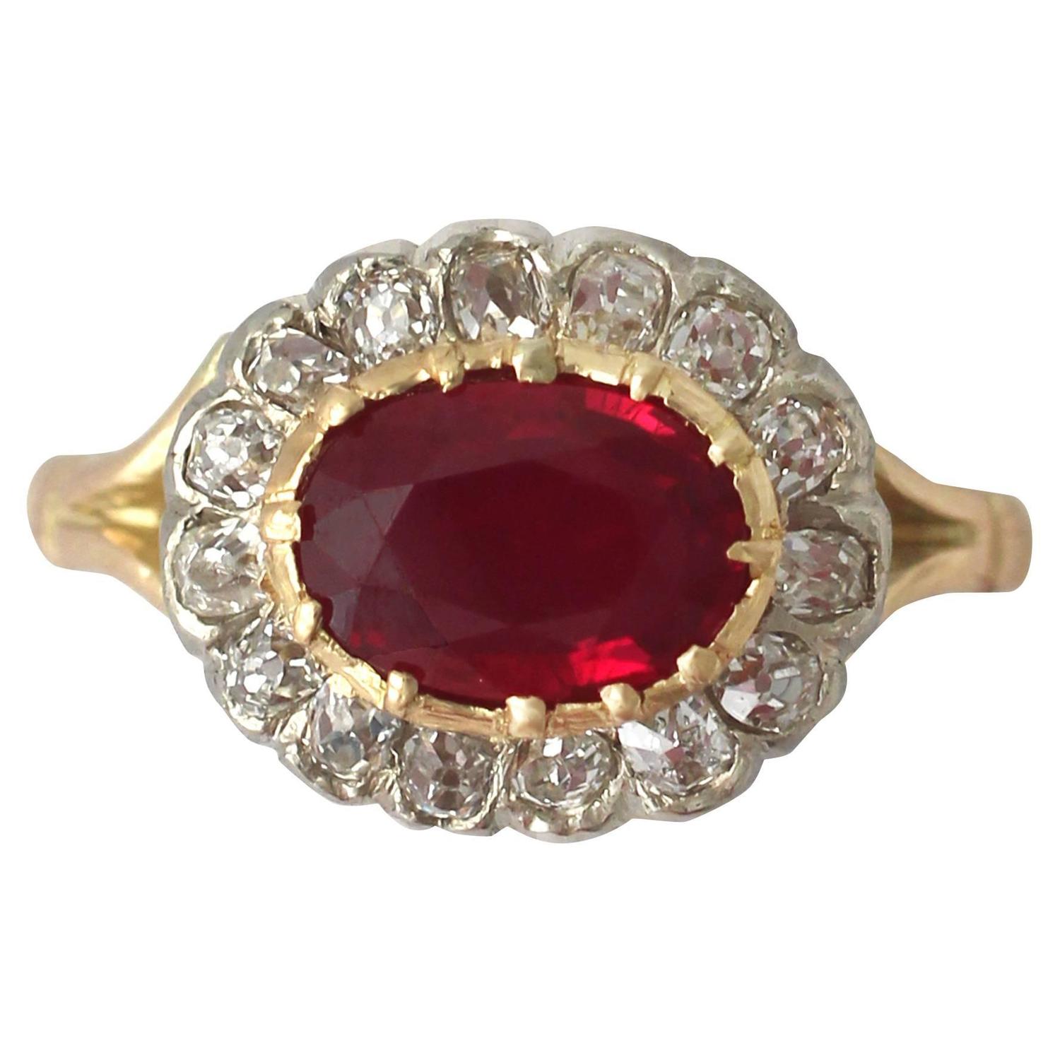 1.50Ct Ruby and 0.60Ct Diamond, 18k Yellow Gold Cluster Ring - Antique