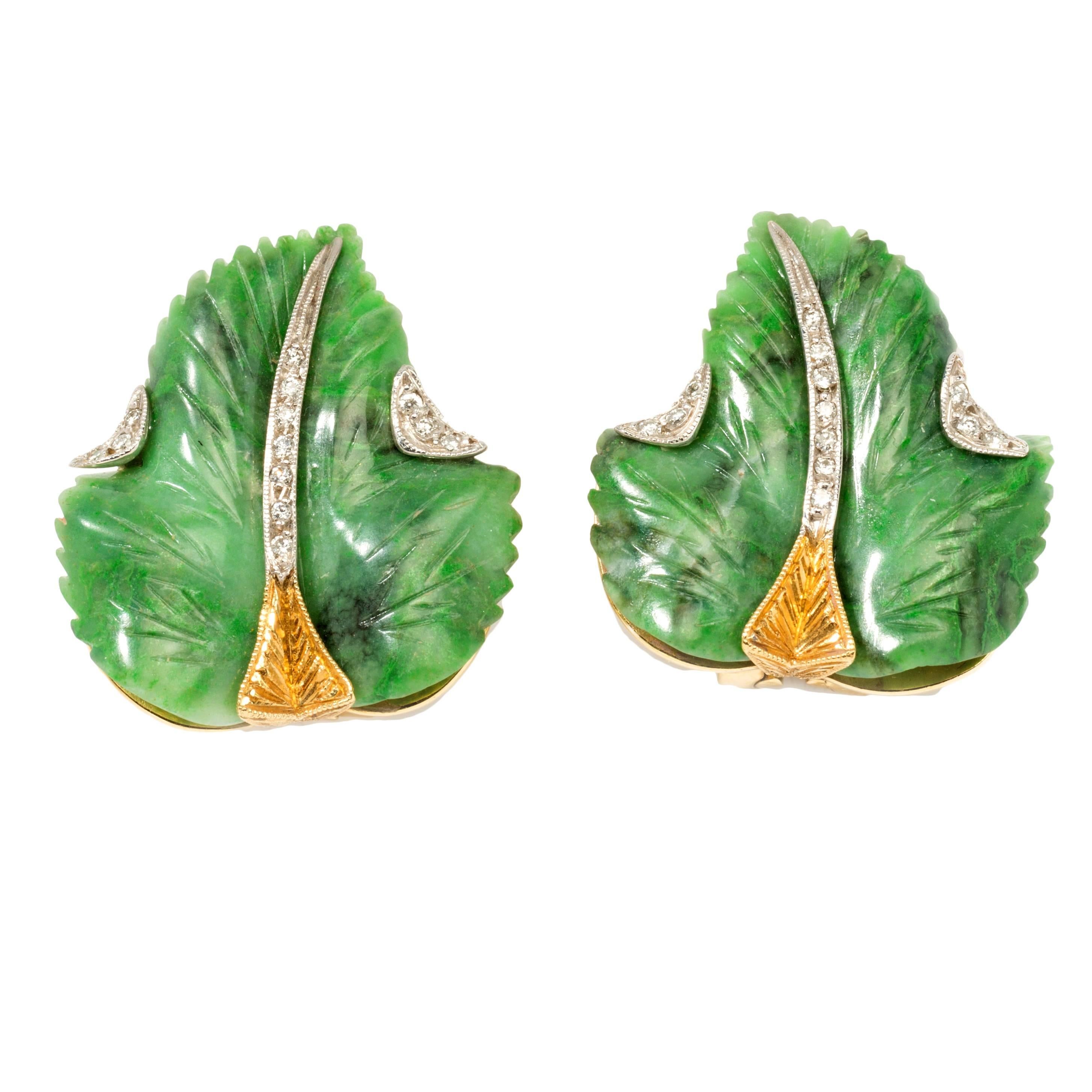 Carved Jade Diamond Gold Leaf Earrings For Sale