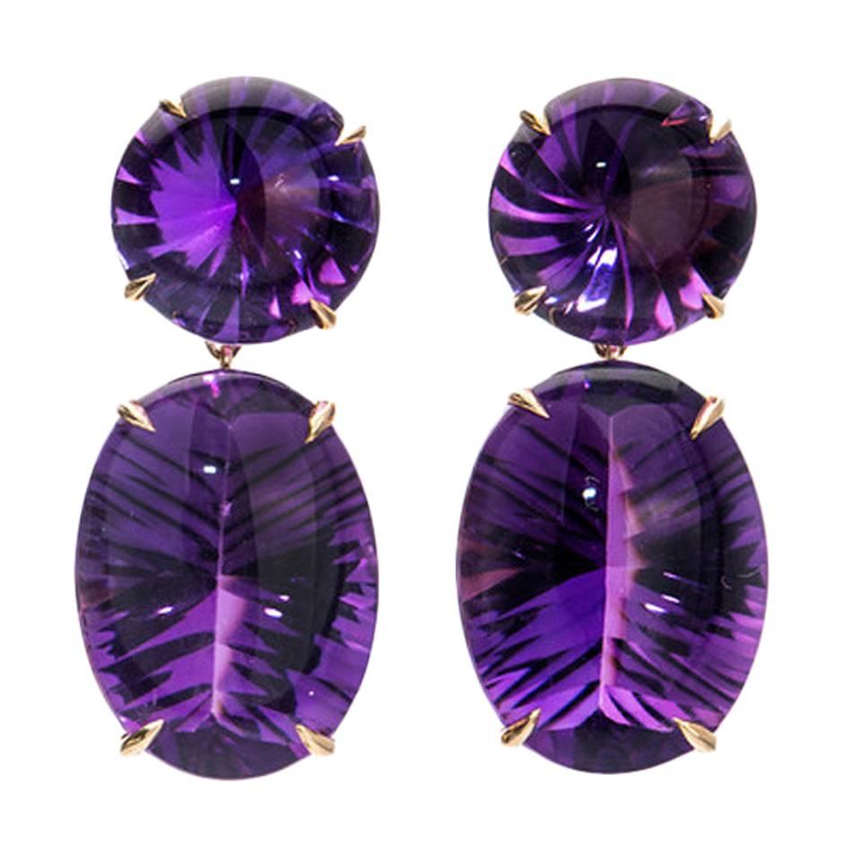 Peter Suchy Natural Purple Amethyst Fantasy Cut Gold Dangle Earrings