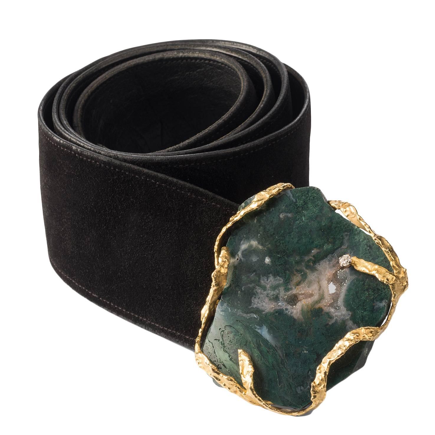 1972 Andrew Grima Moss Agate Diamond Gold Belt Buckle with Leather Belt For Sale
