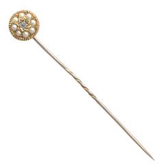 0.04Ct Diamond and Pearl, 14k Yellow Gold Pin Brooch - Antique Victorian 9