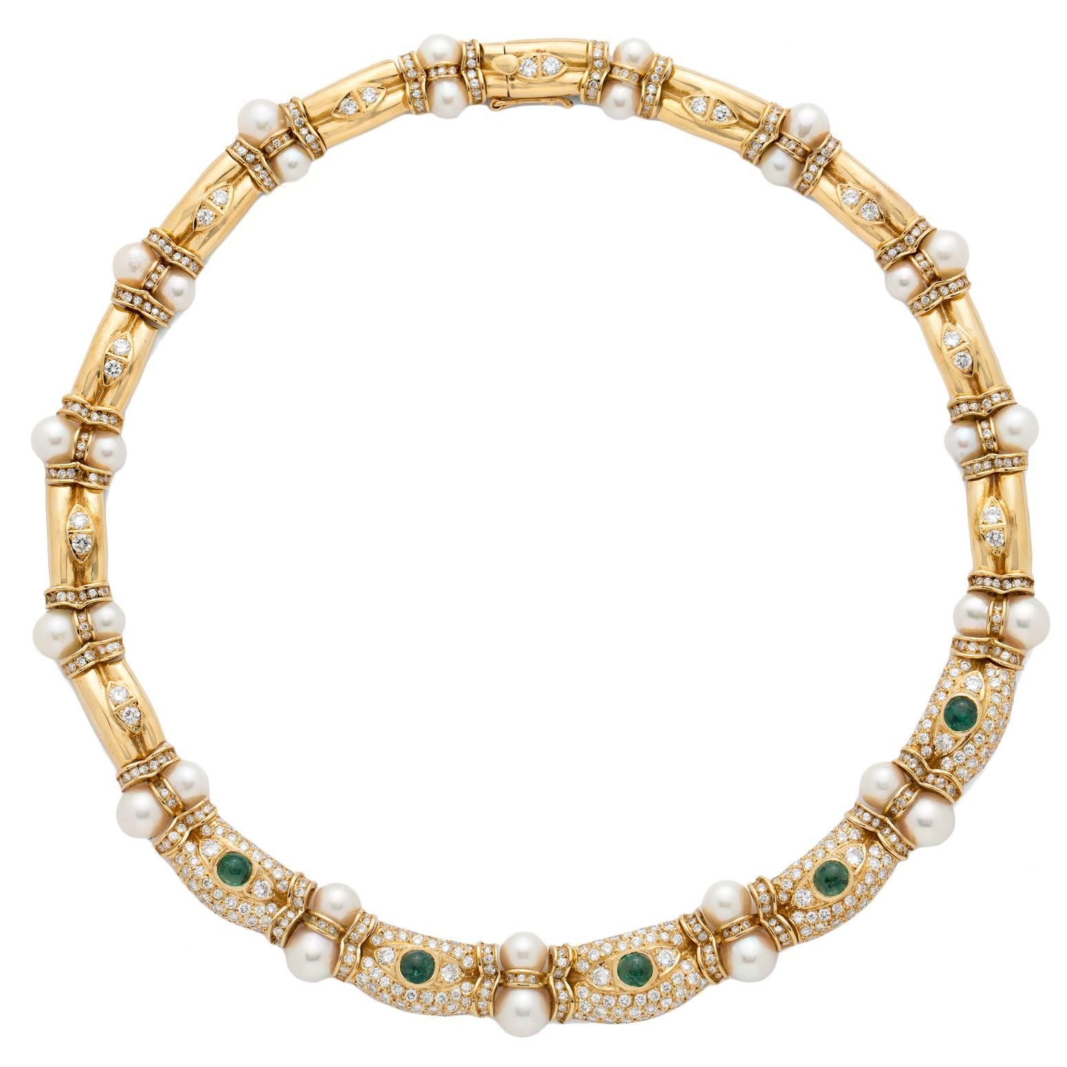 Pearl Emerald Diamond Gold Choker Necklace