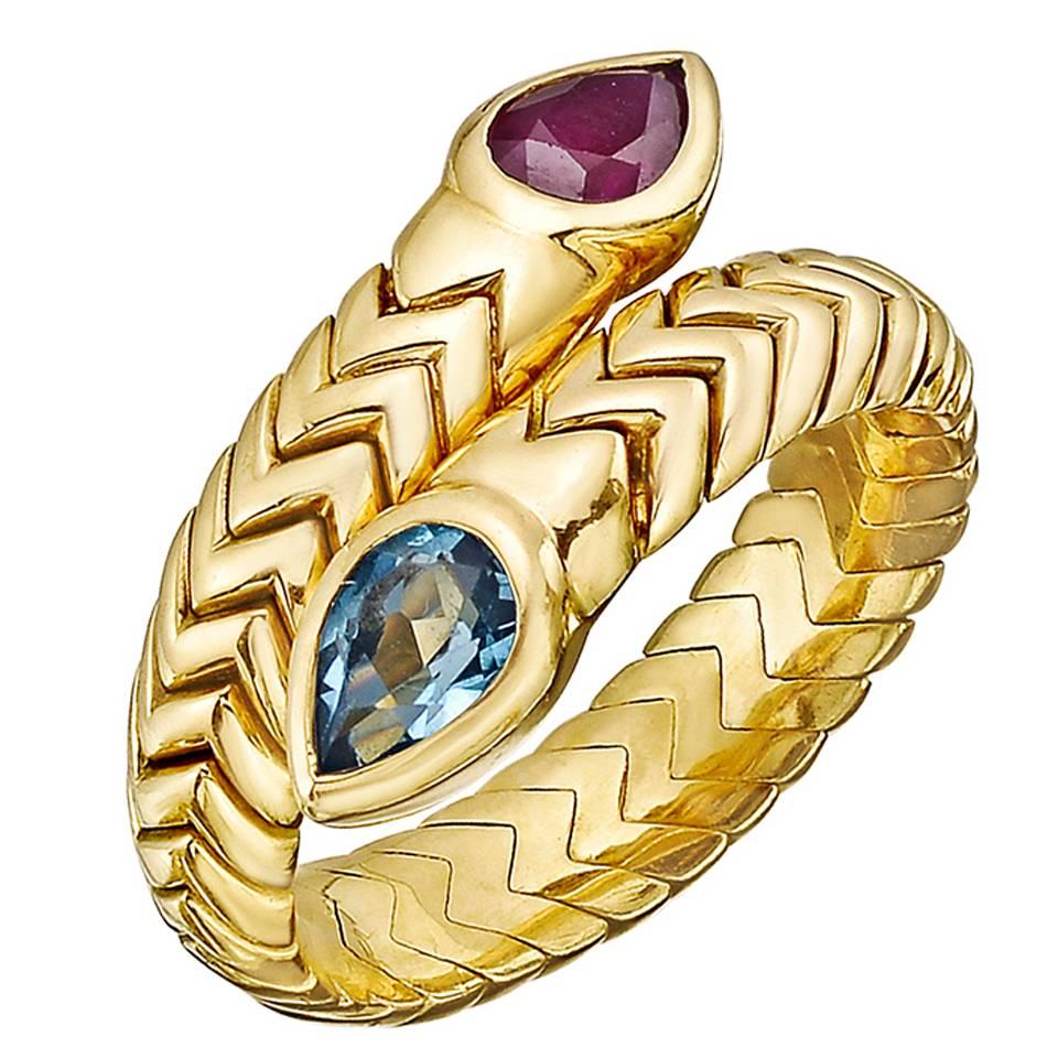 Bulgari Blue Topaz Ruby Gold Spiga Bypass Ring