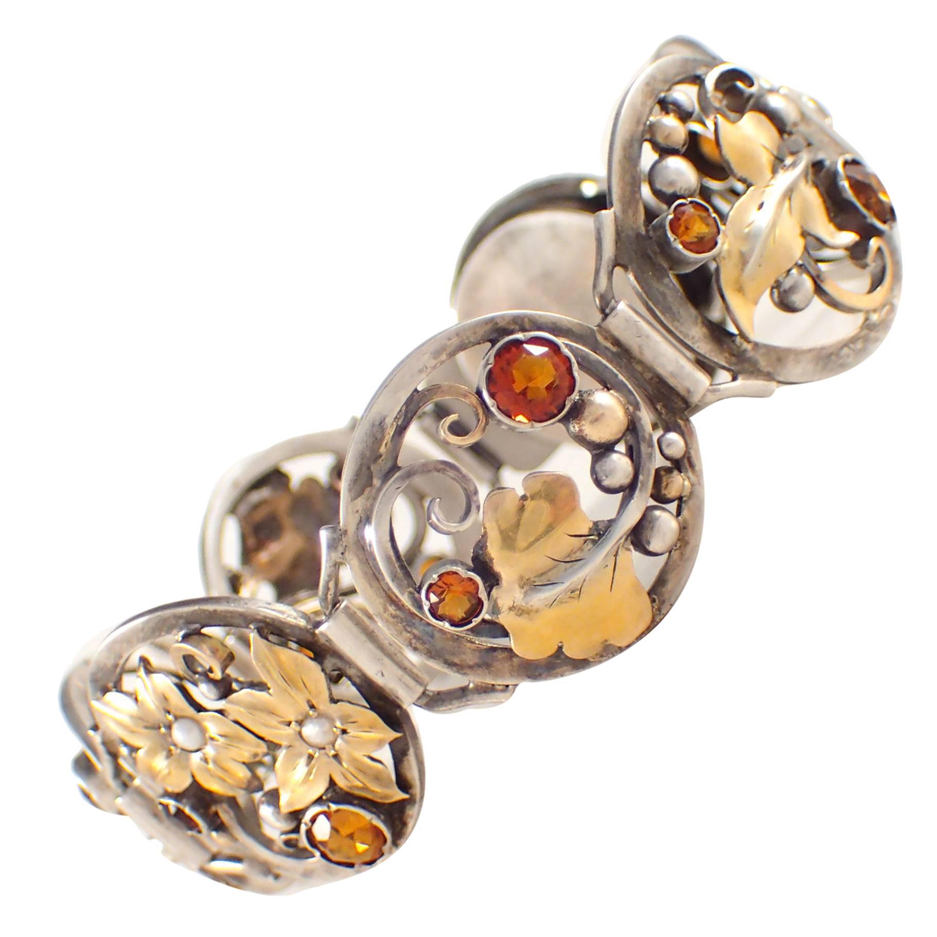 Oakes Citrine Pearl Silver over Gold Bracelet For Sale