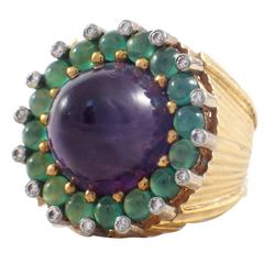 Vintage Amethyst Green Onyx Diamond Gold Ring and Earring Set