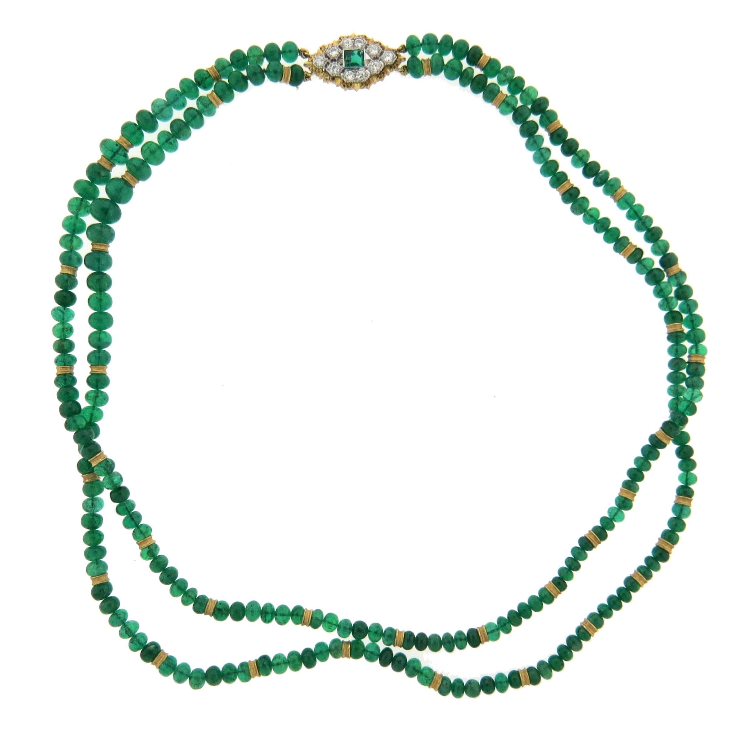 Buccellati Emerald Diamond Gold Bead Two Strand Necklace 