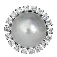 Mabe Pearl Diamond Platinum Cluster Ring