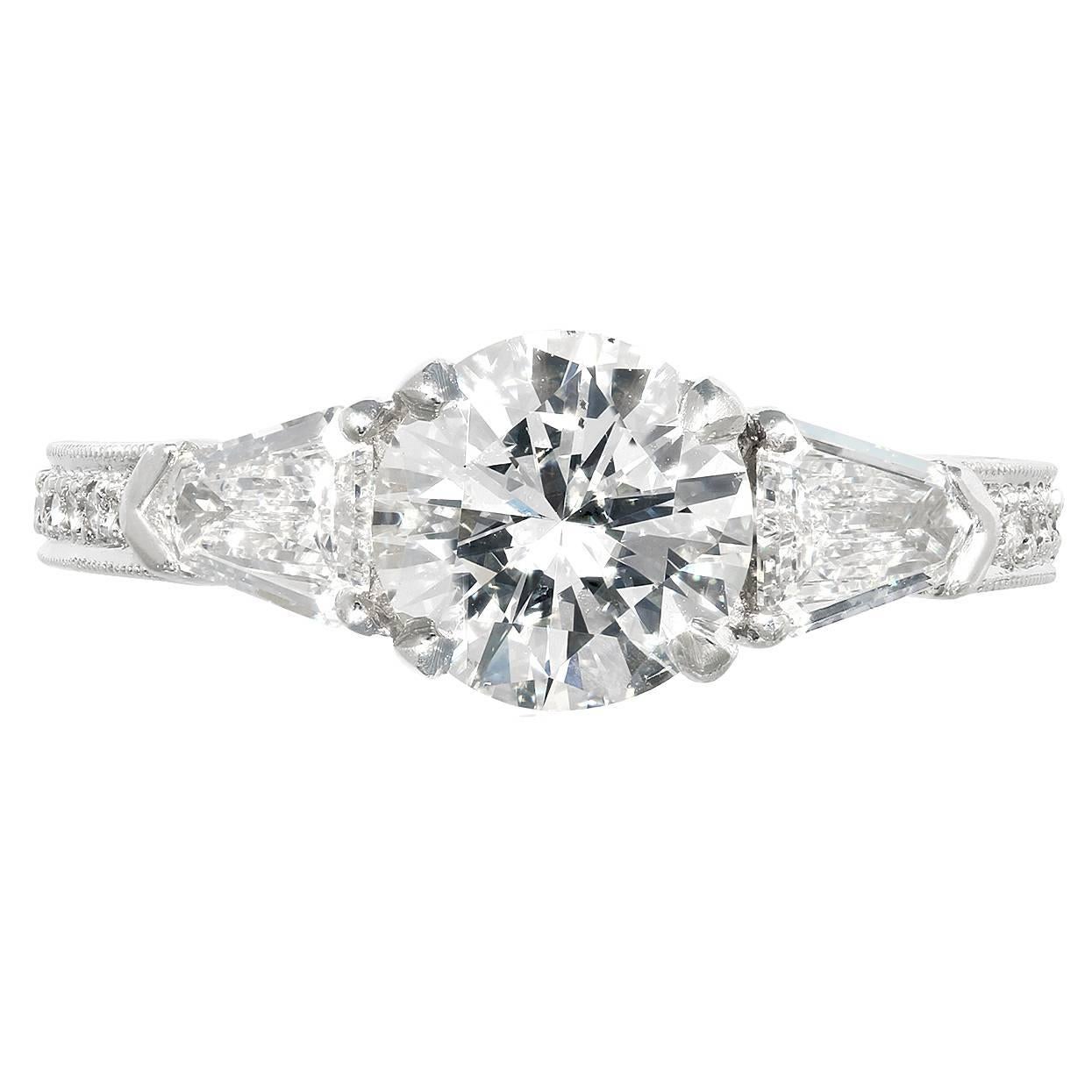 1.50 Carat G/VS2 GIA Certified Diamond Three-Stone Platinum Engagement Ring For Sale