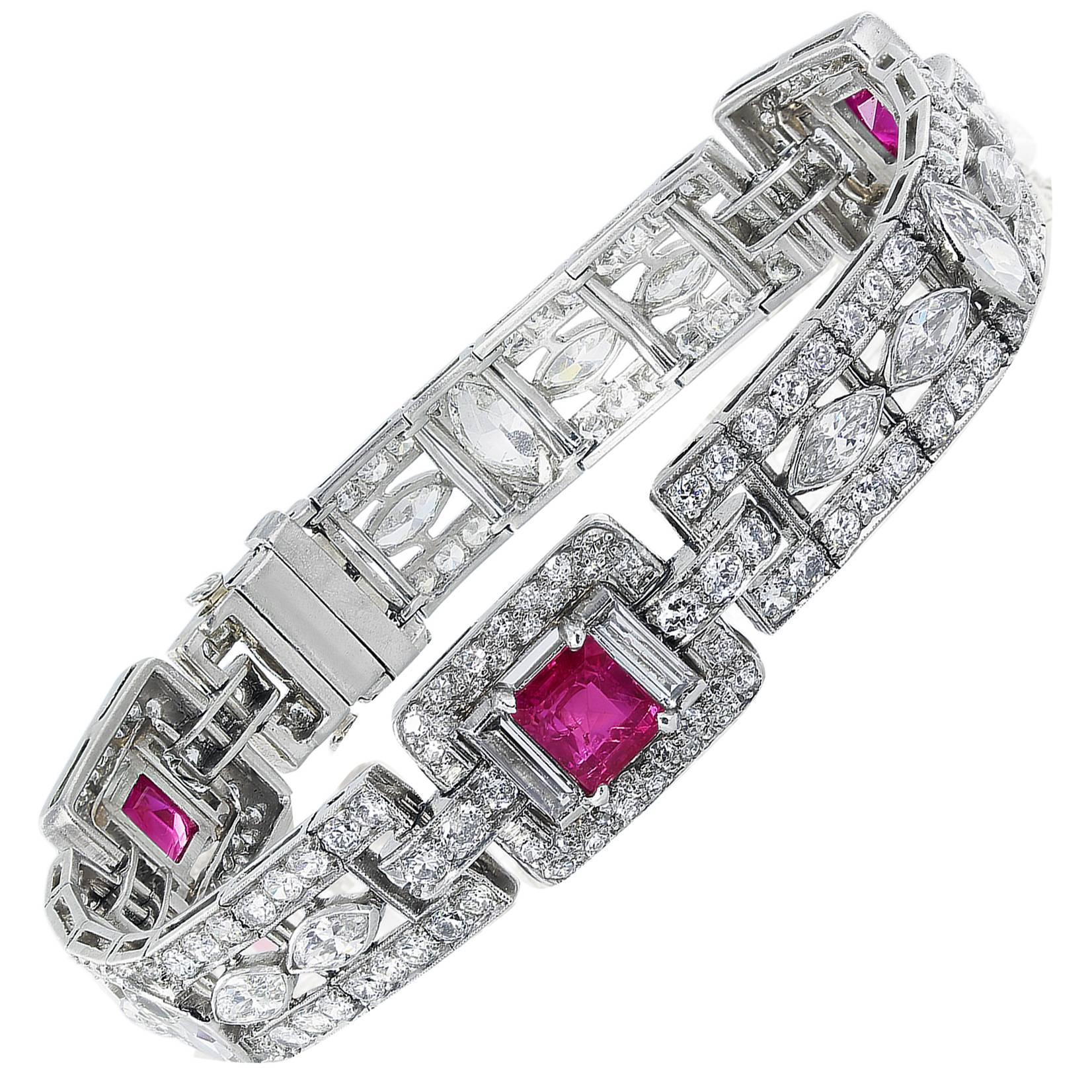 Art Deco Ruby Diamond Platinum Bracelet For Sale