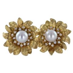 Pearl Diamond Gold Clip Earrings