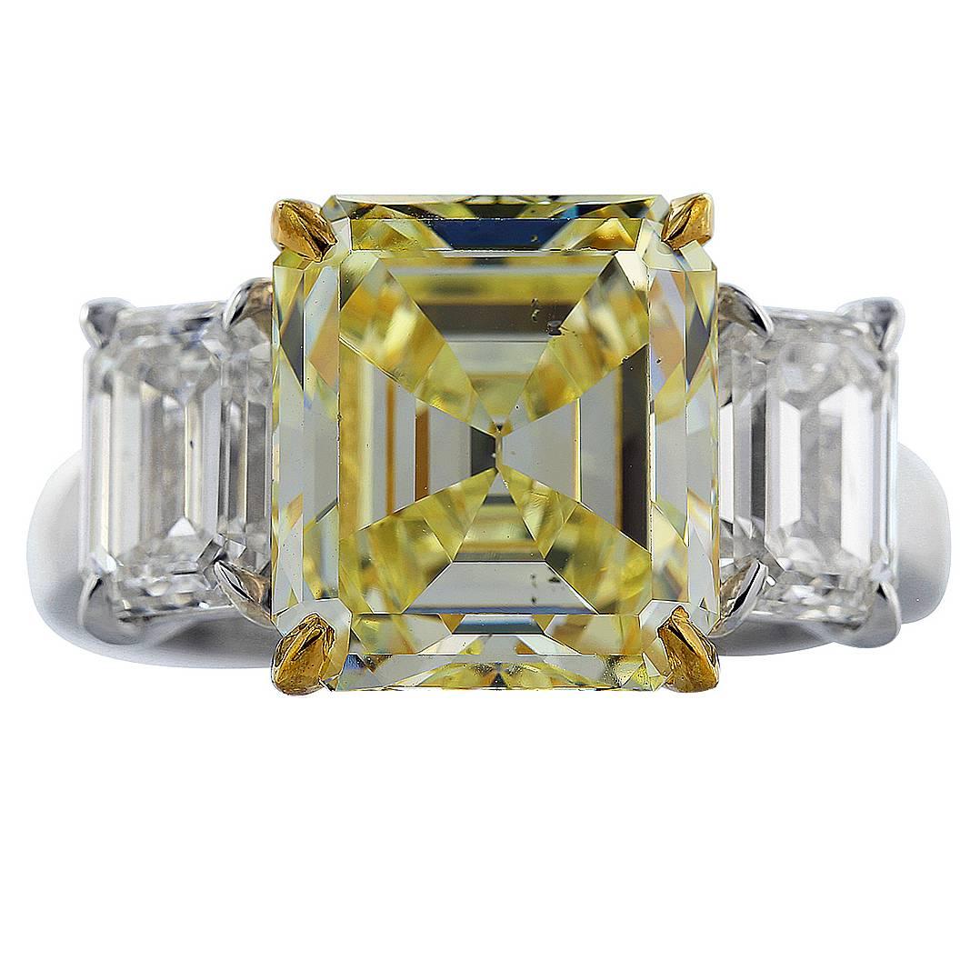 5.28 Carat GIA Emerald Cut Canary Diamond Gold Platinum Ring For Sale